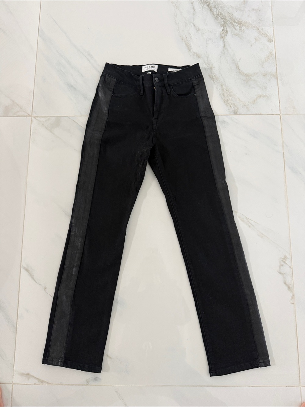 Frame Denim Black Straight-Leg Jeans with Contrast Side Panels